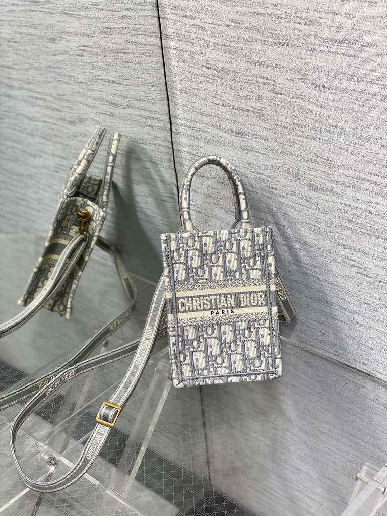 Mini Dior Book Tote Phone Bag S5555 Gray Oblique Embroidery