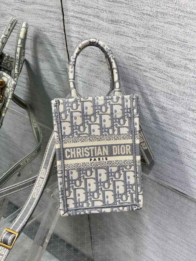 Mini Dior Book Tote Phone Bag S5555 Gray Oblique Embroidery