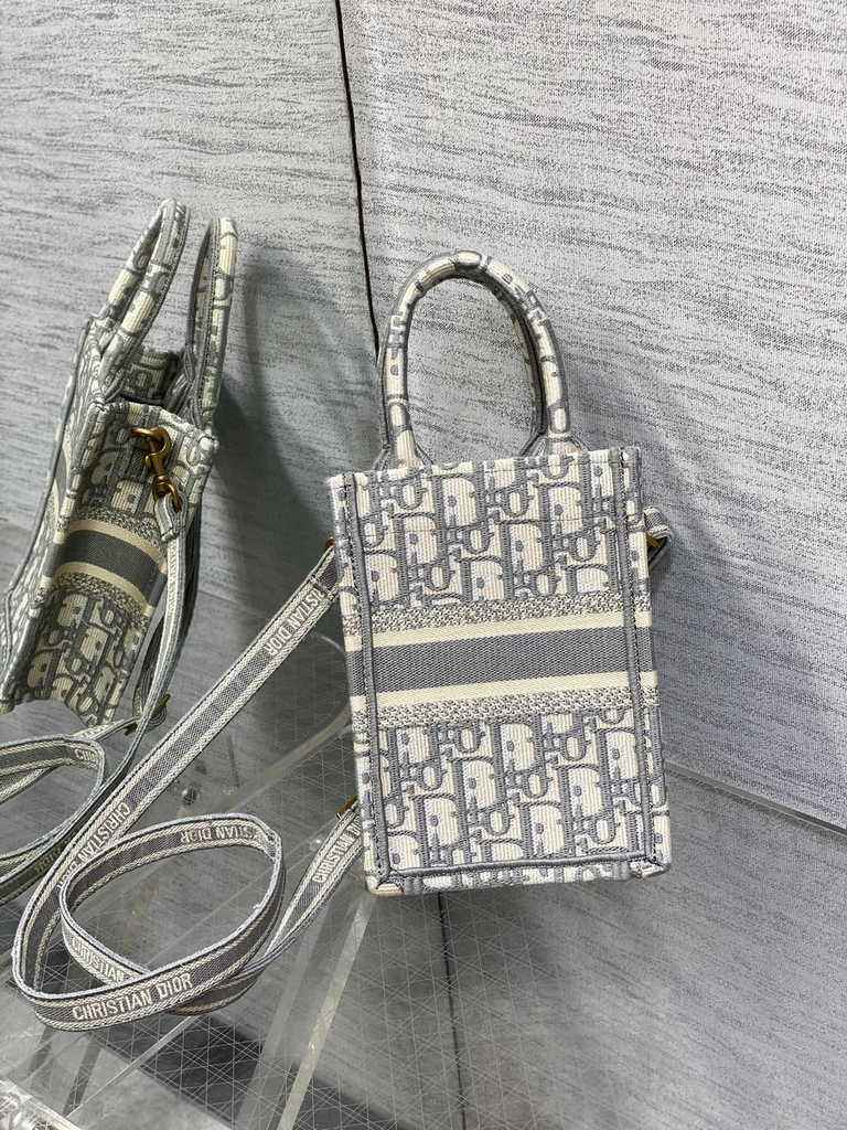Mini Dior Book Tote Phone Bag S5555 Gray Oblique Embroidery