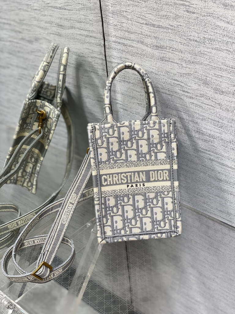 Mini Dior Book Tote Phone Bag S5555 Gray Oblique Embroidery