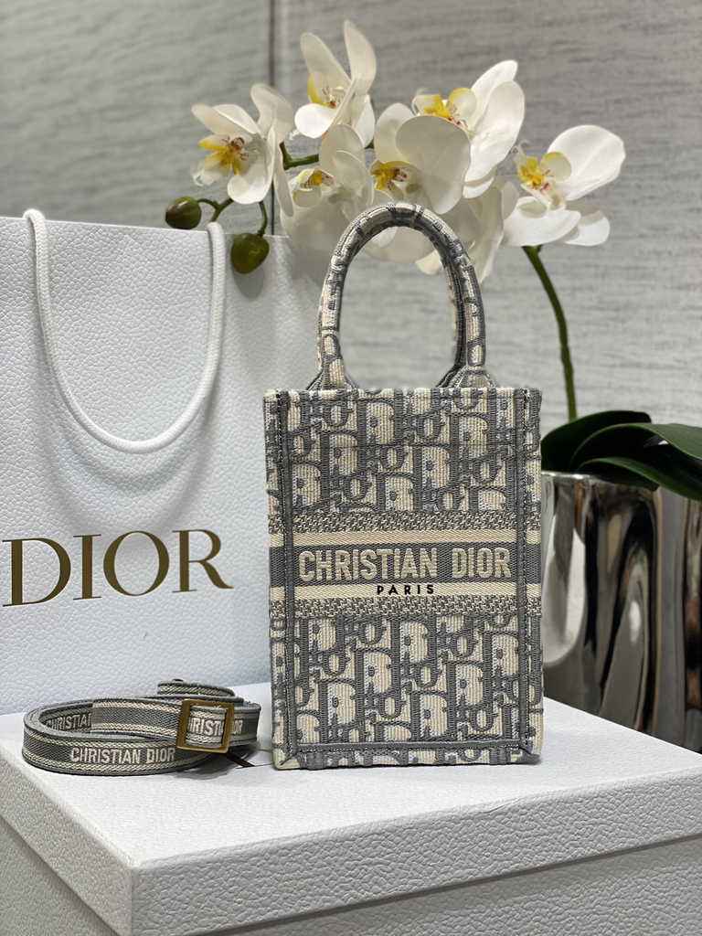 Mini Dior Book Tote Phone Bag S5555 Gray Oblique Embroidery