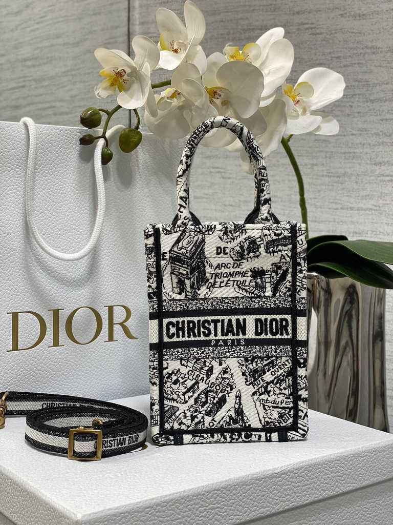 Mini Dior Book Tote Phone Bag S5555 White and Black Plan de Paris Embroidery