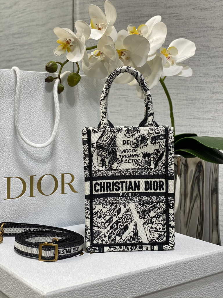 Mini Dior Book Tote Phone Bag S5555 White and Black Plan de Paris Embroidery - Default Title - View 1