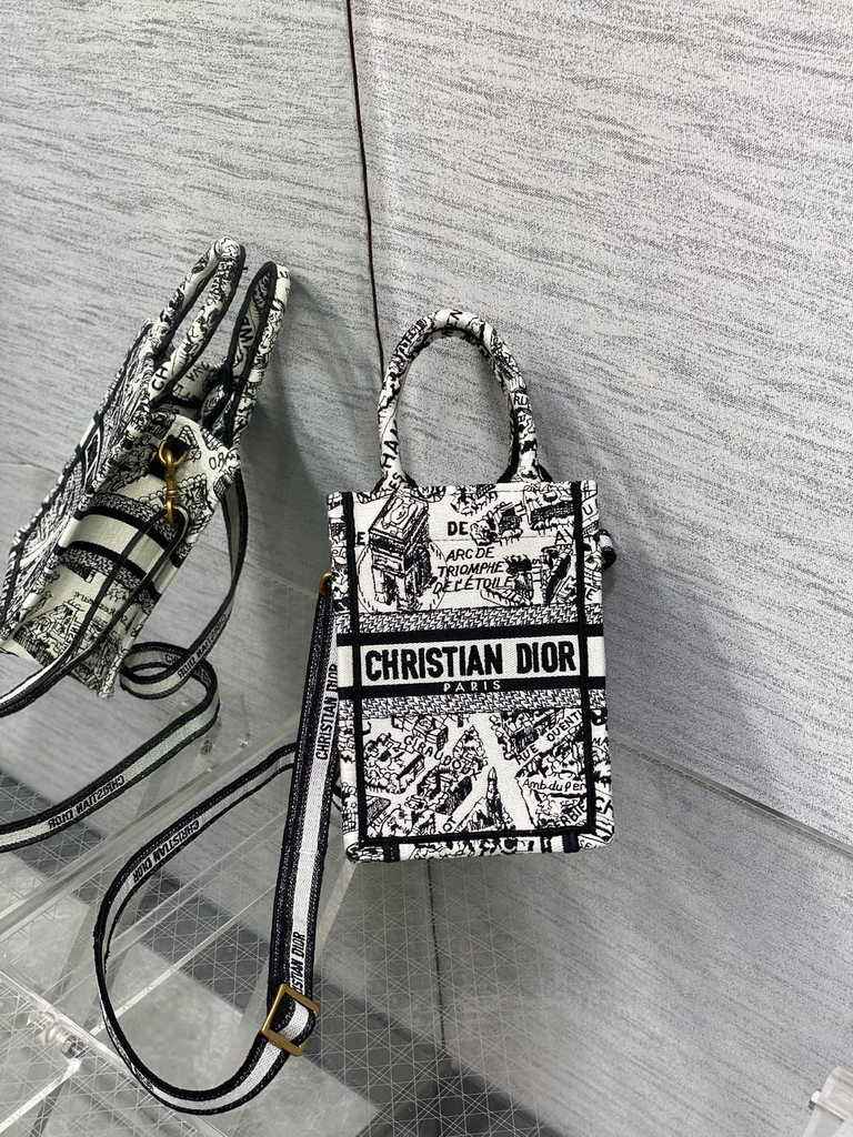 Mini Dior Book Tote Phone Bag S5555 White and Black Plan de Paris Embroidery