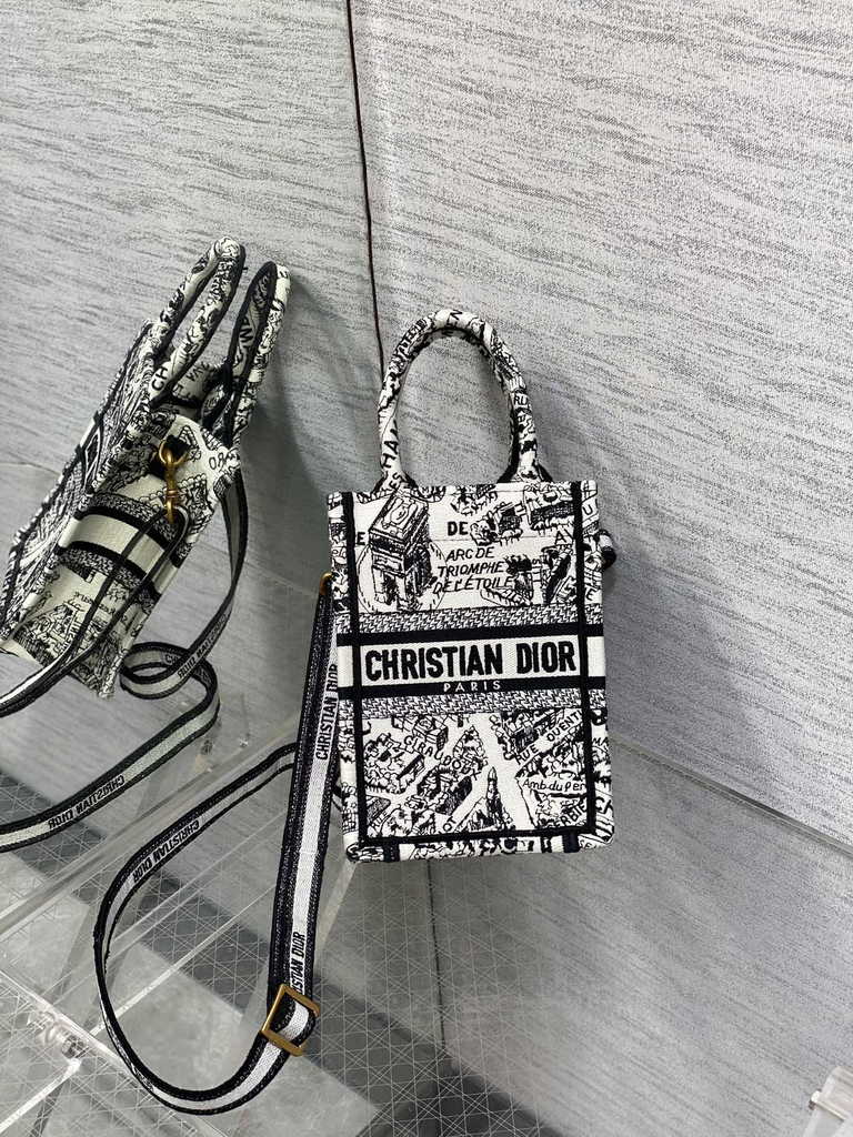 Mini Dior Book Tote Phone Bag S5555 White and Black Plan de Paris Embroidery - Default Title - View 2