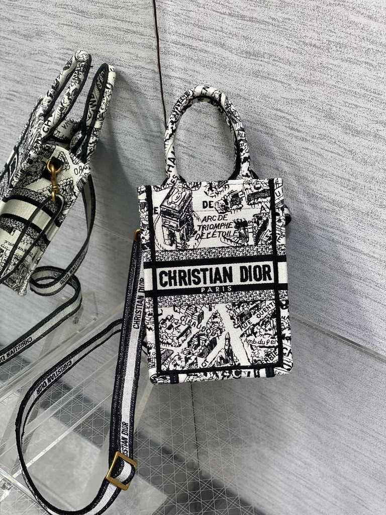 Mini Dior Book Tote Phone Bag S5555 White and Black Plan de Paris Embroidery