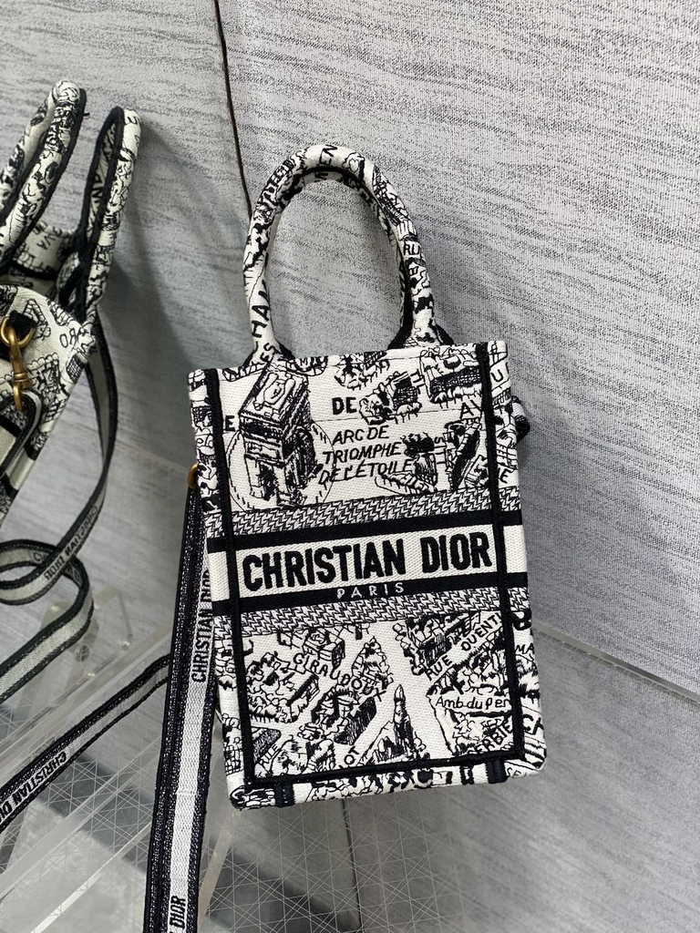 Mini Dior Book Tote Phone Bag S5555 White and Black Plan de Paris Embroidery