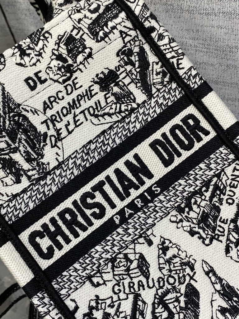 Mini Dior Book Tote Phone Bag S5555 White and Black Plan de Paris Embroidery