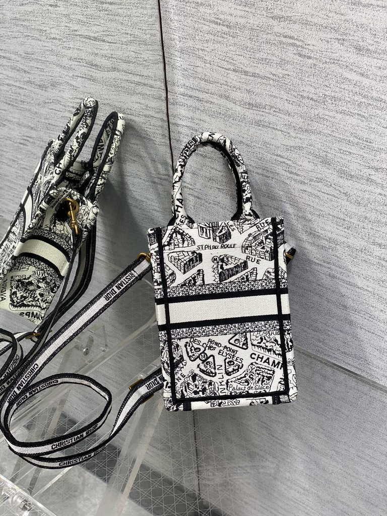 Mini Dior Book Tote Phone Bag S5555 White and Black Plan de Paris Embroidery