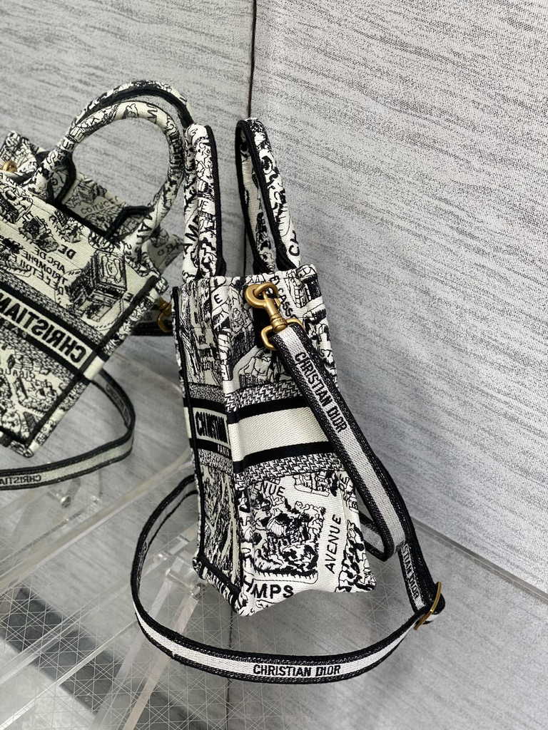 Mini Dior Book Tote Phone Bag S5555 White and Black Plan de Paris Embroidery