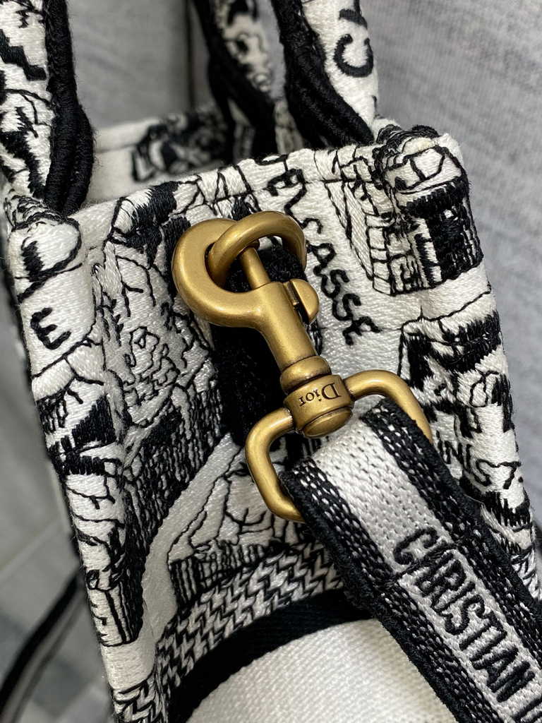 Mini Dior Book Tote Phone Bag S5555 White and Black Plan de Paris Embroidery