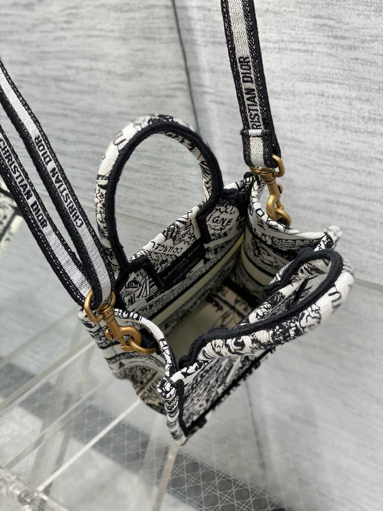 Mini Dior Book Tote Phone Bag S5555 White and Black Plan de Paris Embroidery