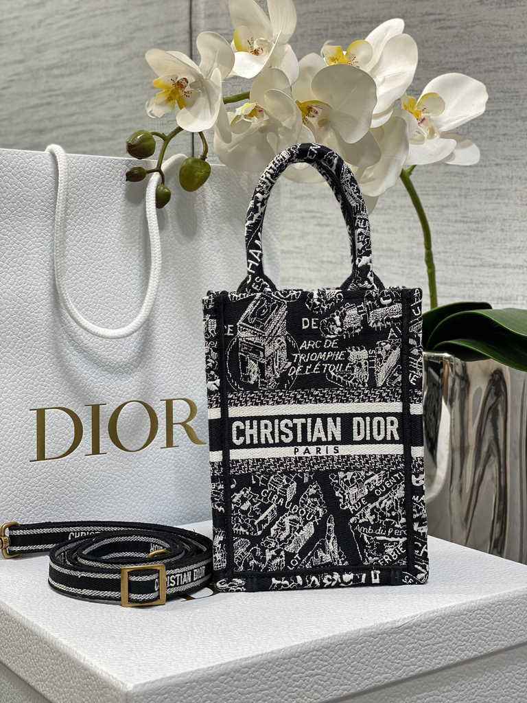 Mini Dior Book Tote Phone Bag S5555 Black Plan de Paris Embroidery
