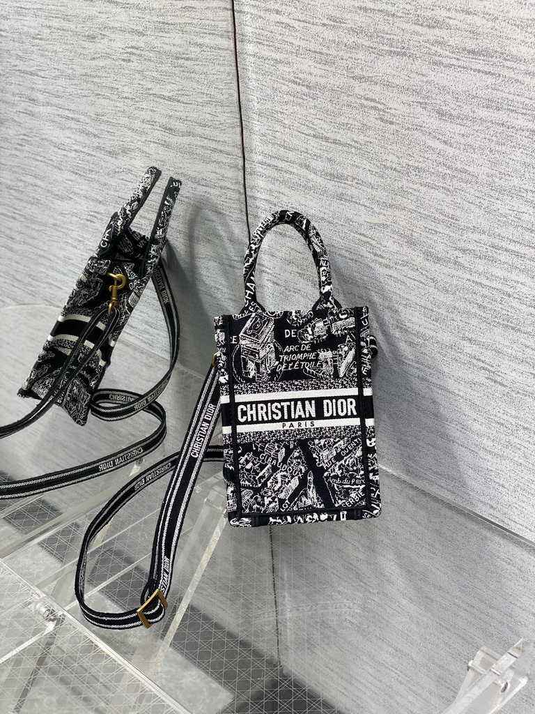 Mini Dior Book Tote Phone Bag S5555 Black Plan de Paris Embroidery