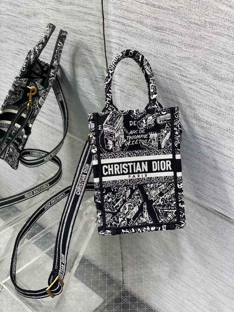 Mini Dior Book Tote Phone Bag S5555 Black Plan de Paris Embroidery