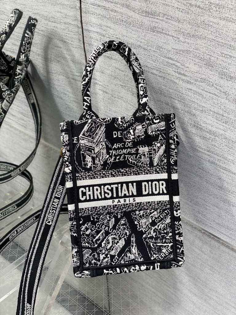 Mini Dior Book Tote Phone Bag S5555 Black Plan de Paris Embroidery