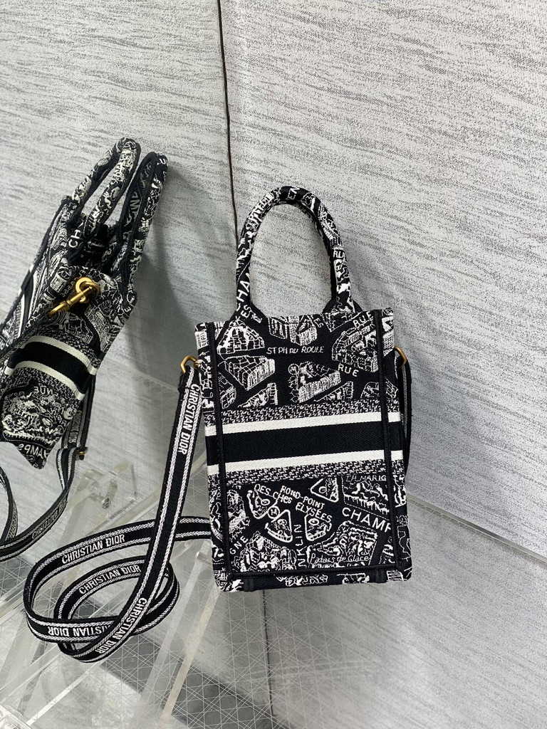 Mini Dior Book Tote Phone Bag S5555 Black Plan de Paris Embroidery