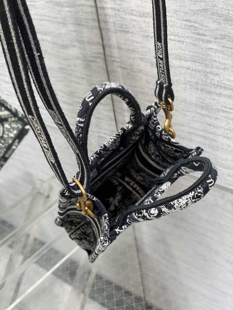 Mini Dior Book Tote Phone Bag S5555 Black Plan de Paris Embroidery