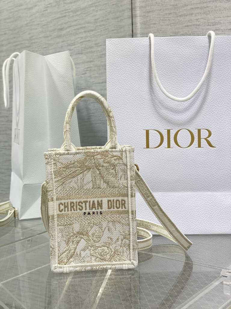 Mini Dior Book Tote Phone Bag S5555 Jardin d'Hiver Metallic Thread