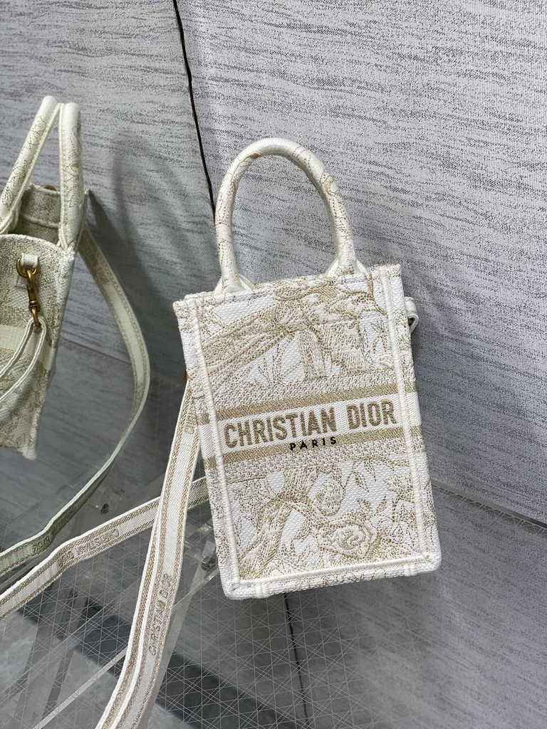 Mini Dior Book Tote Phone Bag S5555 Jardin d'Hiver Metallic Thread