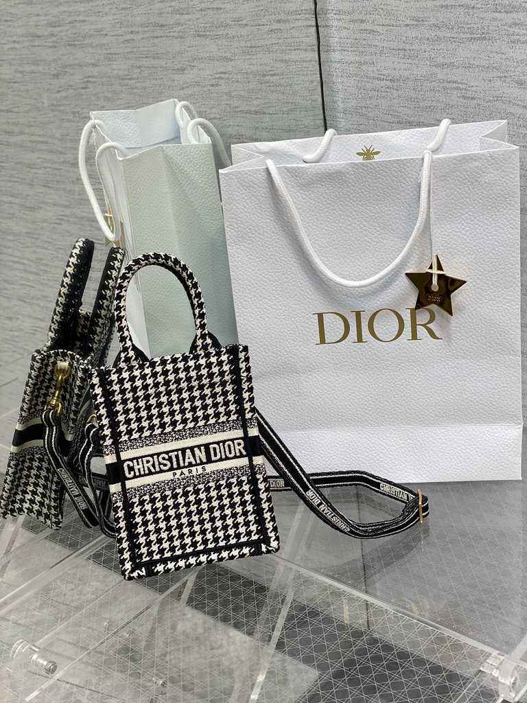 Mini Dior Book Tote Phone Bag S5555 Black and White Micro Houndstooth Embroidery