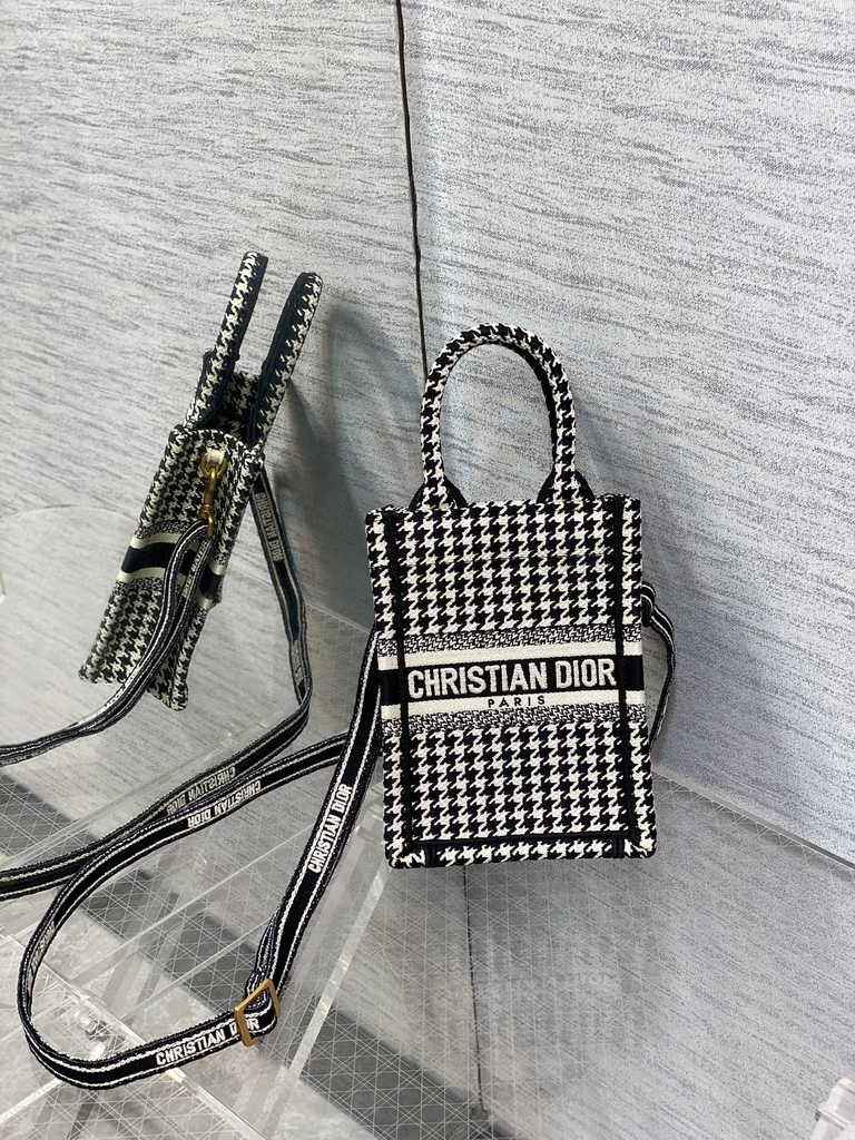Mini Dior Book Tote Phone Bag S5555 Black and White Micro Houndstooth Embroidery