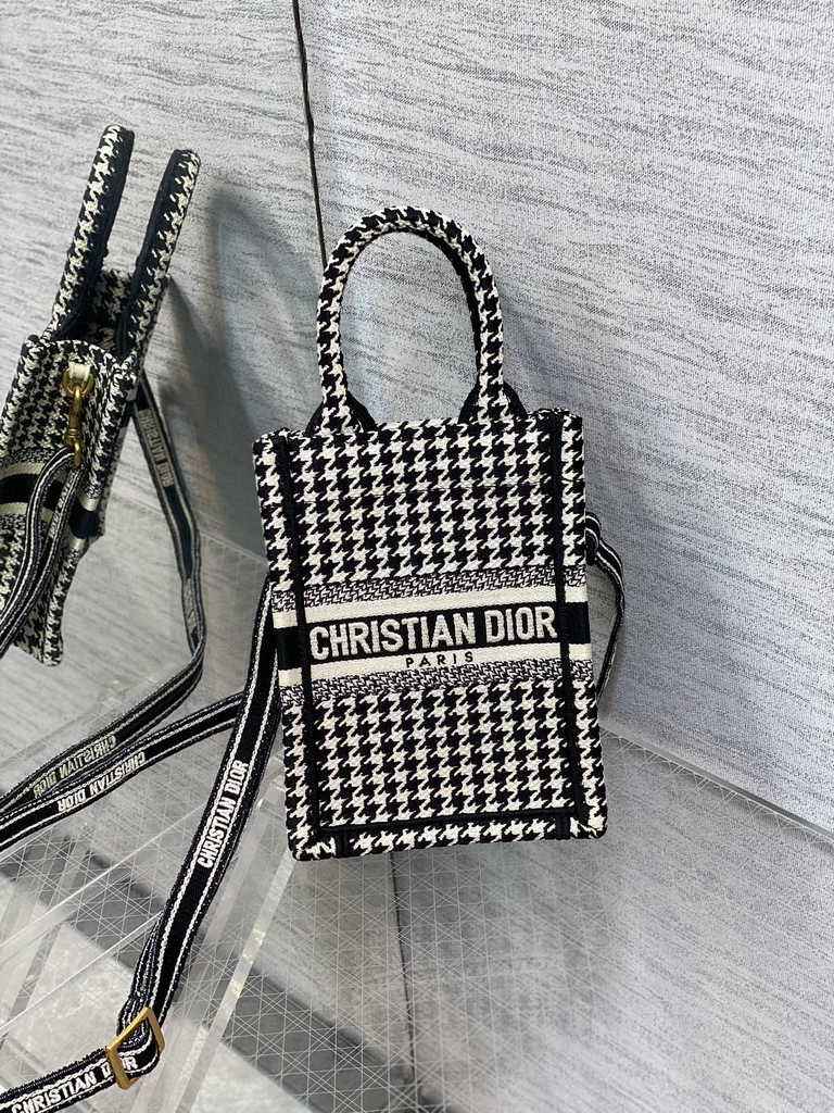 Mini Dior Book Tote Phone Bag S5555 Black and White Micro Houndstooth Embroidery