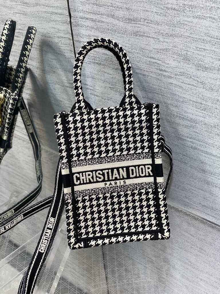 Mini Dior Book Tote Phone Bag S5555 Black and White Micro Houndstooth Embroidery