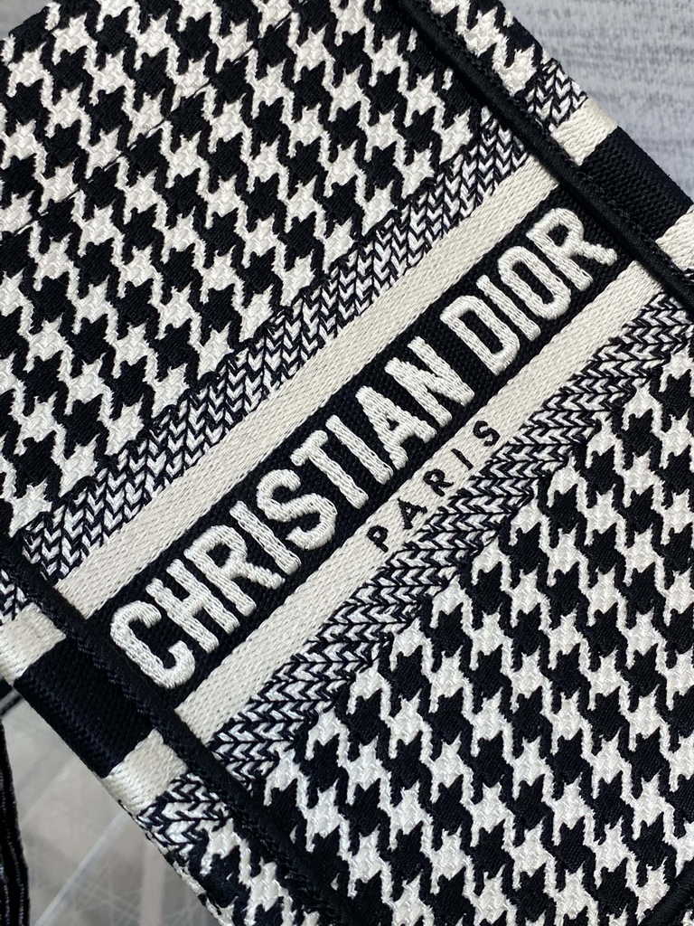 Mini Dior Book Tote Phone Bag S5555 Black and White Micro Houndstooth Embroidery