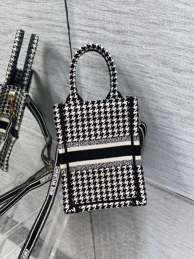 Mini Dior Book Tote Phone Bag S5555 Black and White Micro Houndstooth Embroidery