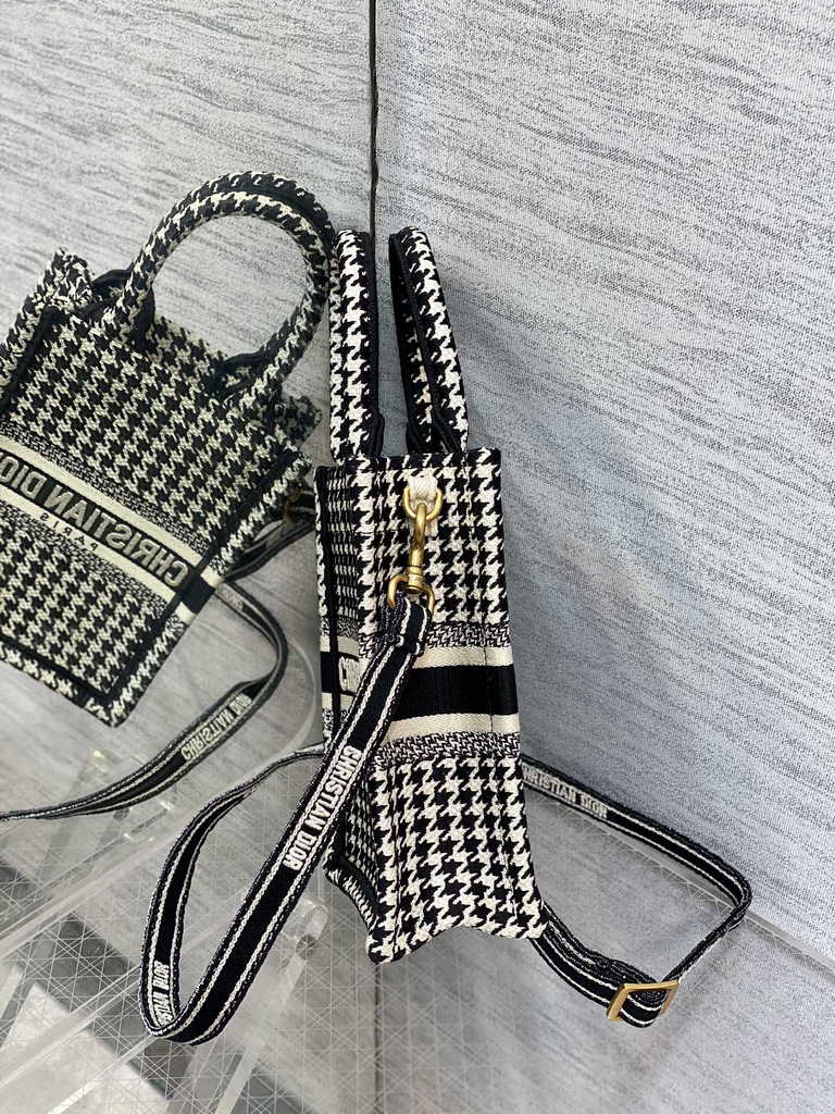 Mini Dior Book Tote Phone Bag S5555 Black and White Micro Houndstooth Embroidery