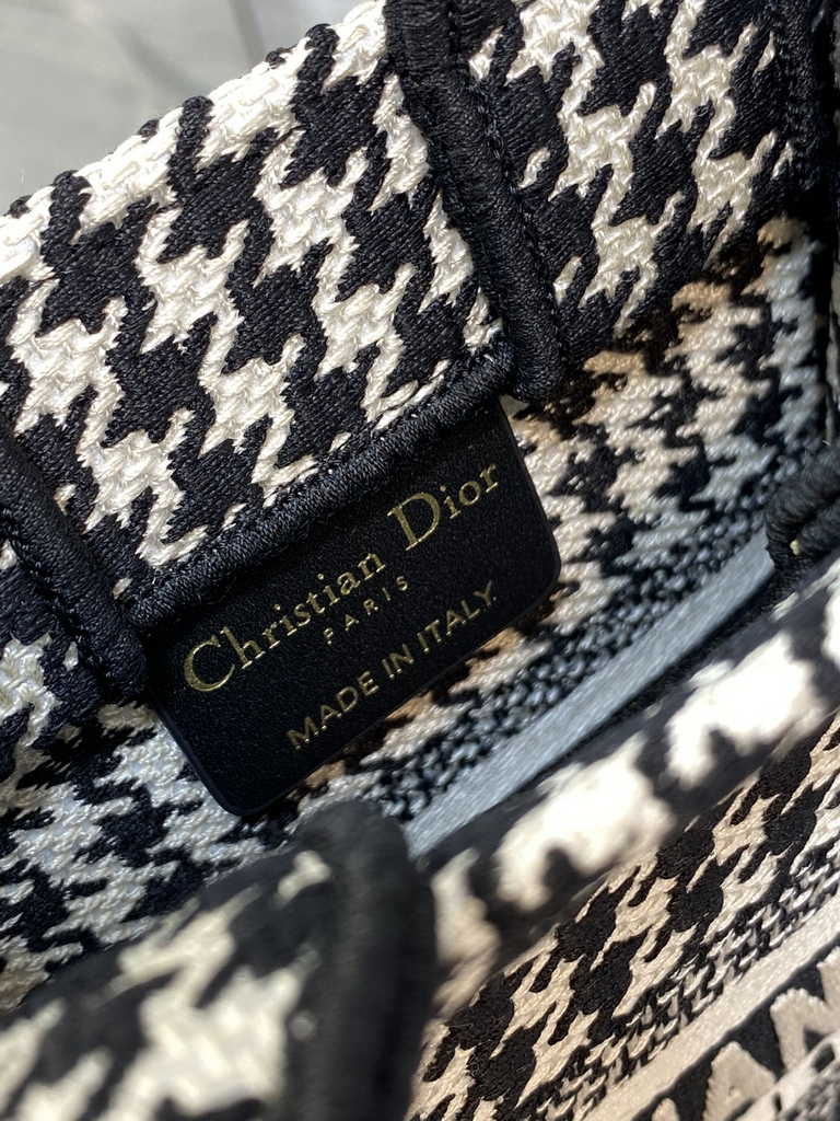 Mini Dior Book Tote Phone Bag S5555 Black and White Micro Houndstooth Embroidery