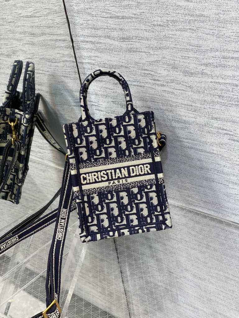 Mini Dior Book Tote Phone Bag S5555 Blue Oblique Embroidery