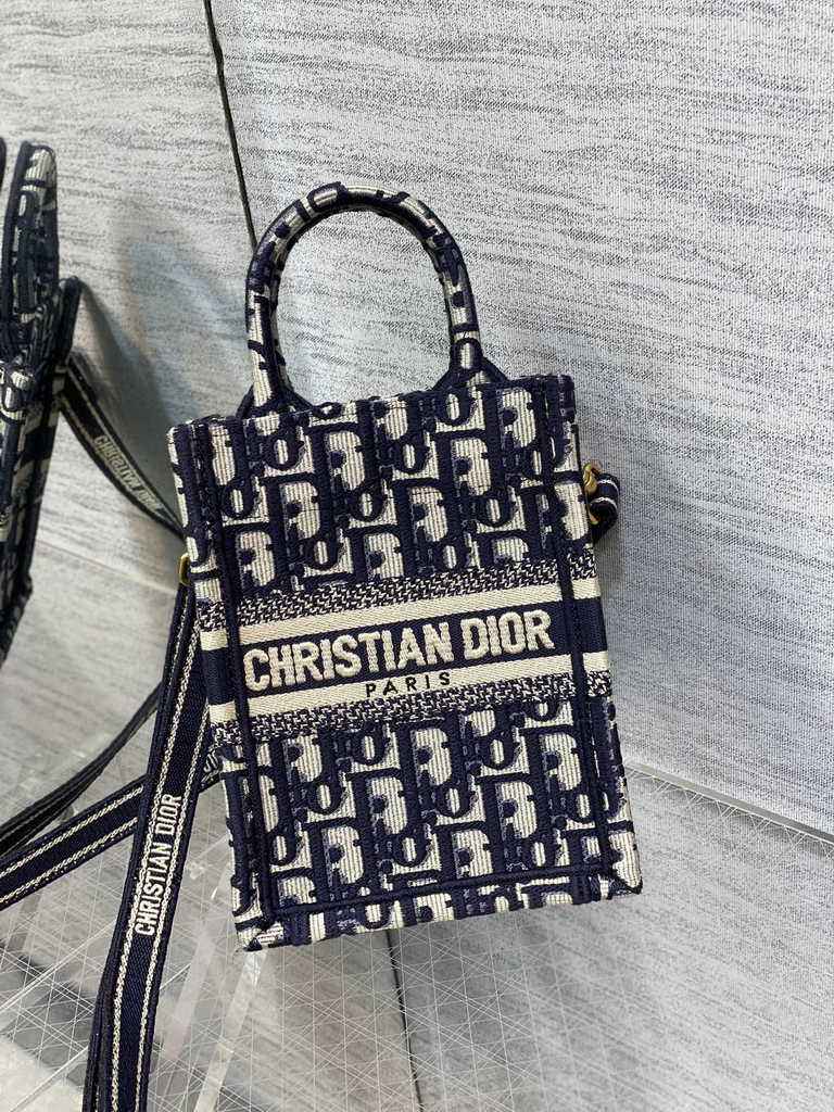 Mini Dior Book Tote Phone Bag S5555 Blue Oblique Embroidery