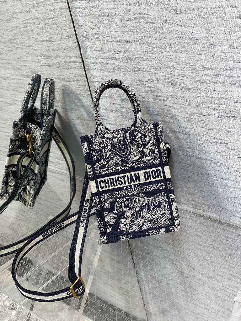 Mini Dior Book Tote Phone Bag S5555 Blue Toile de Jouy Reverse Embroidery