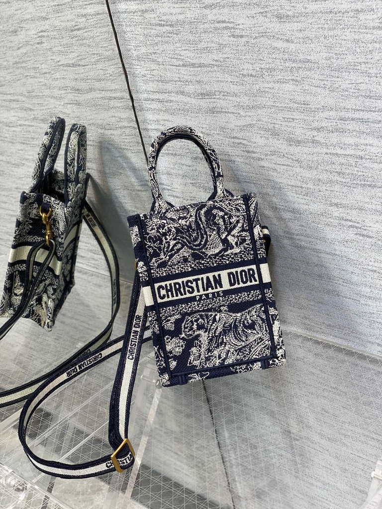 Mini Dior Book Tote Phone Bag S5555 Blue Toile de Jouy Reverse Embroidery