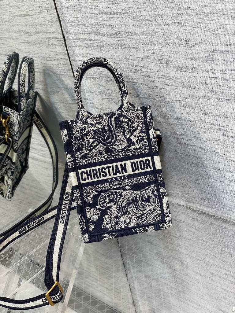 Mini Dior Book Tote Phone Bag S5555 Blue Toile de Jouy Reverse Embroidery