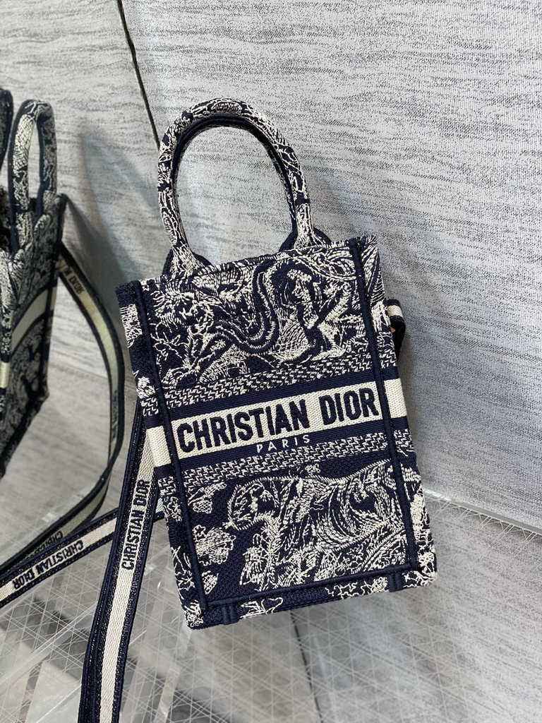 Mini Dior Book Tote Phone Bag S5555 Blue Toile de Jouy Reverse Embroidery