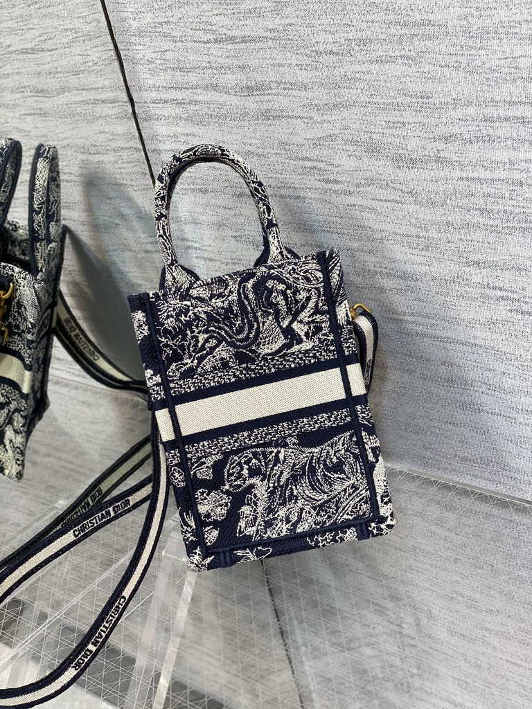 Mini Dior Book Tote Phone Bag S5555 Blue Toile de Jouy Reverse Embroidery