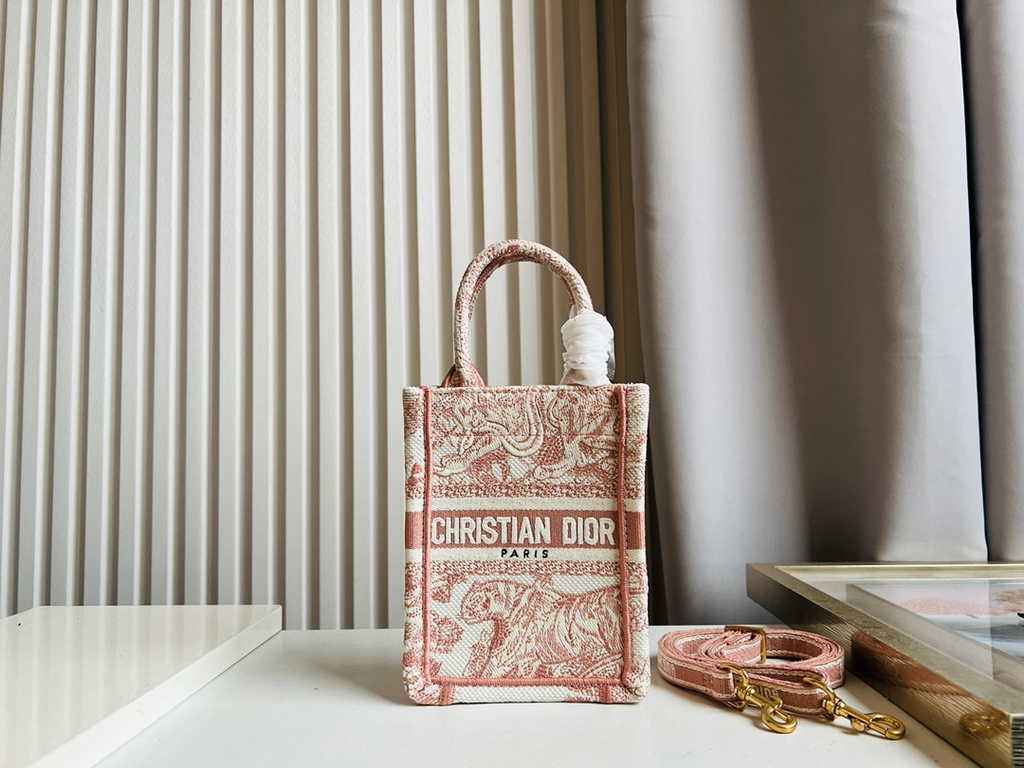 Mini Dior Book Tote Phone Bag S5555 Pink Toile de Jouy Reverse Embroidery