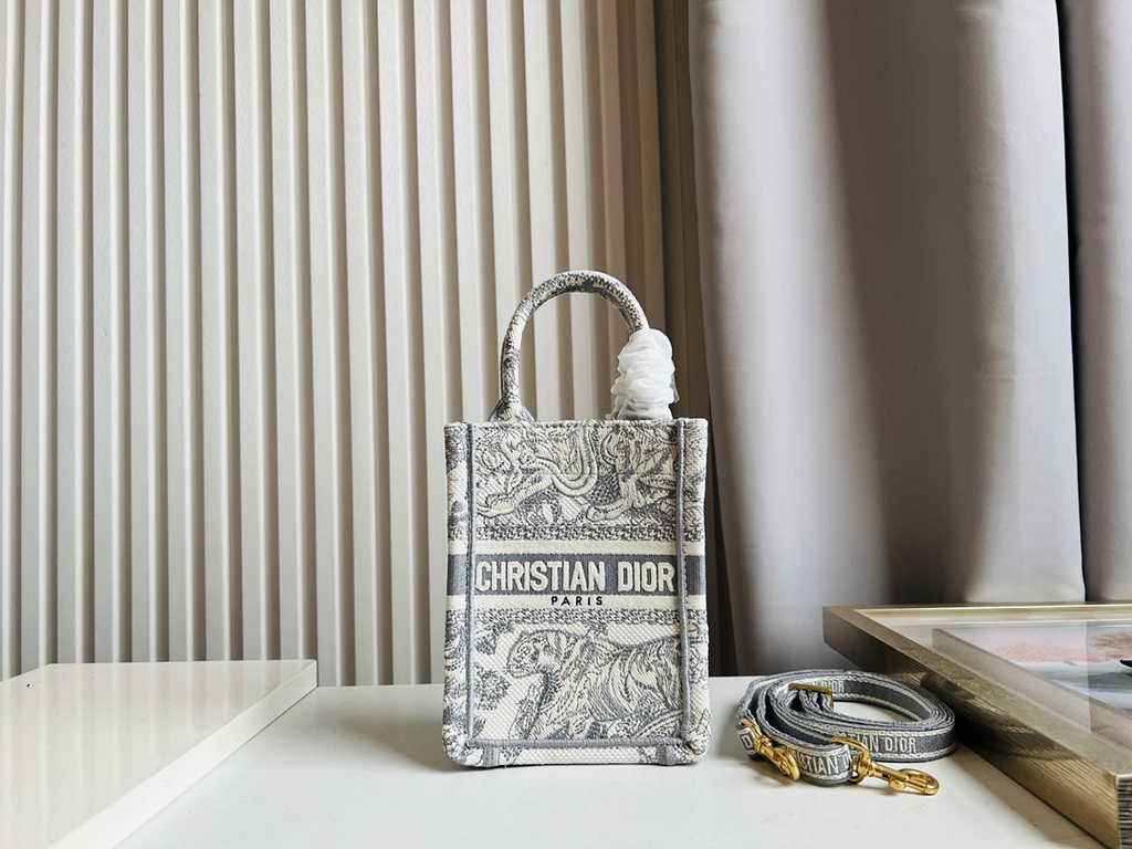 Mini Dior Book Tote Phone Bag S5555 Gray Toile de Jouy Reverse Embroidery