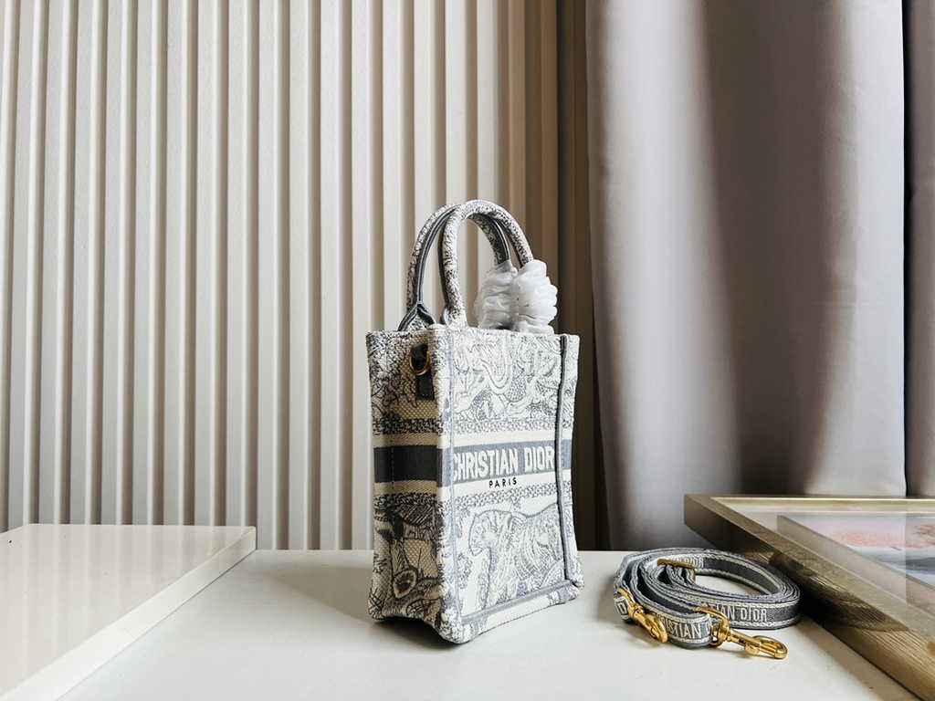 Mini Dior Book Tote Phone Bag S5555 Gray Toile de Jouy Reverse Embroidery