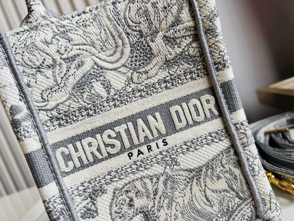 Mini Dior Book Tote Phone Bag S5555 Gray Toile de Jouy Reverse Embroidery
