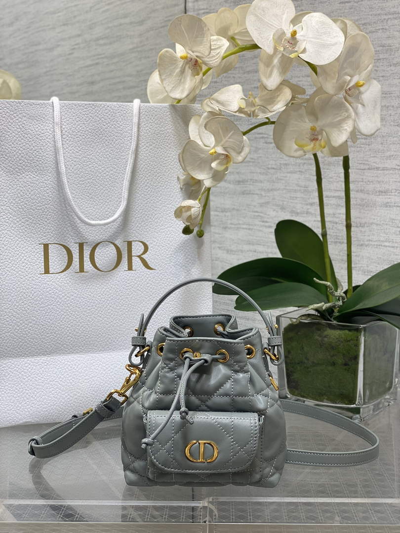 Mini Dior Caro Bucket Bag Gray Lambskin M3369 - Default Title - View 1