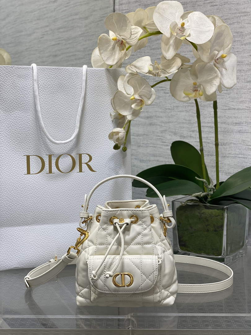 Mini Dior Caro Bucket Bag White Lambskin M3369 - Default Title - View 1