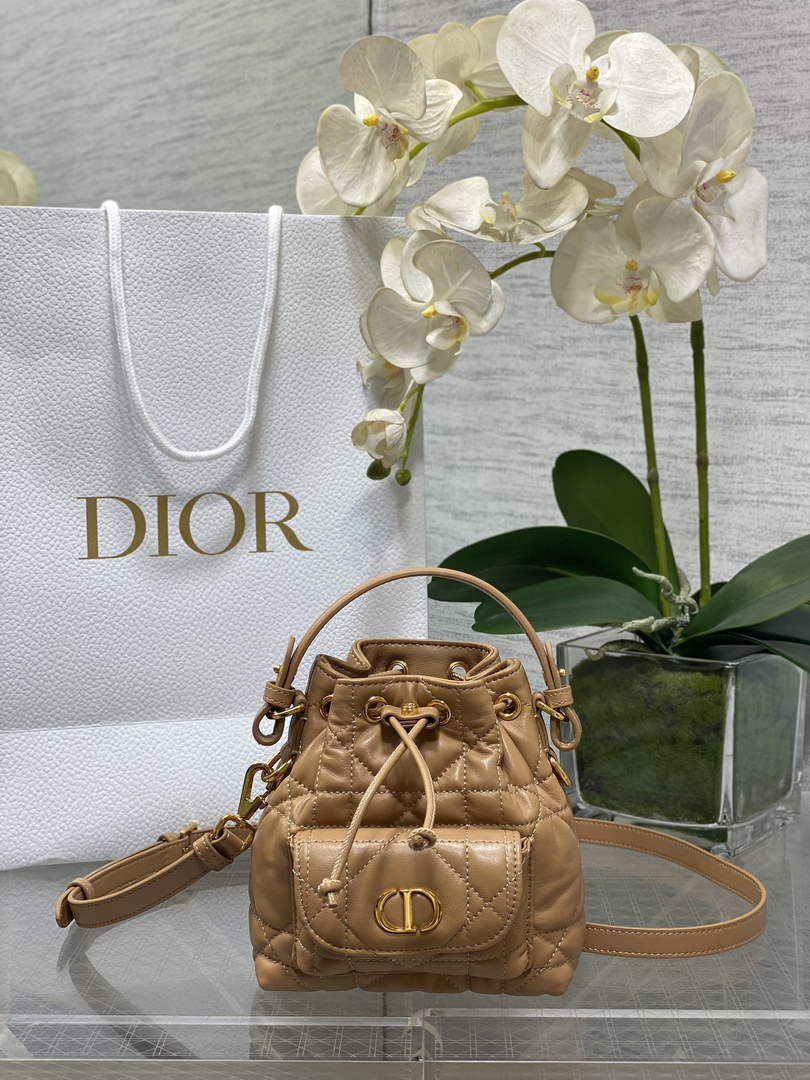 Mini Dior Caro Bucket Bag Tan Lambskin M3369 - Default Title - View 1