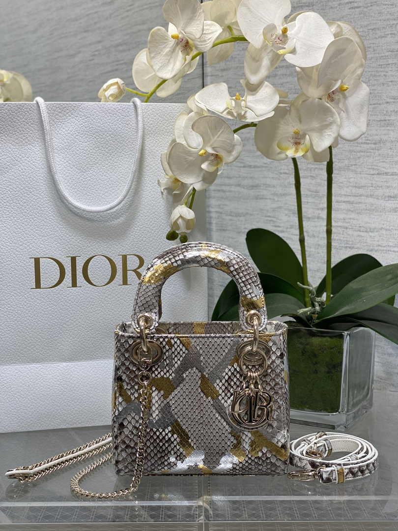 Mini Lady Dior Bag M0505 Gold Silver Snake Leather - Default Title - View 1
