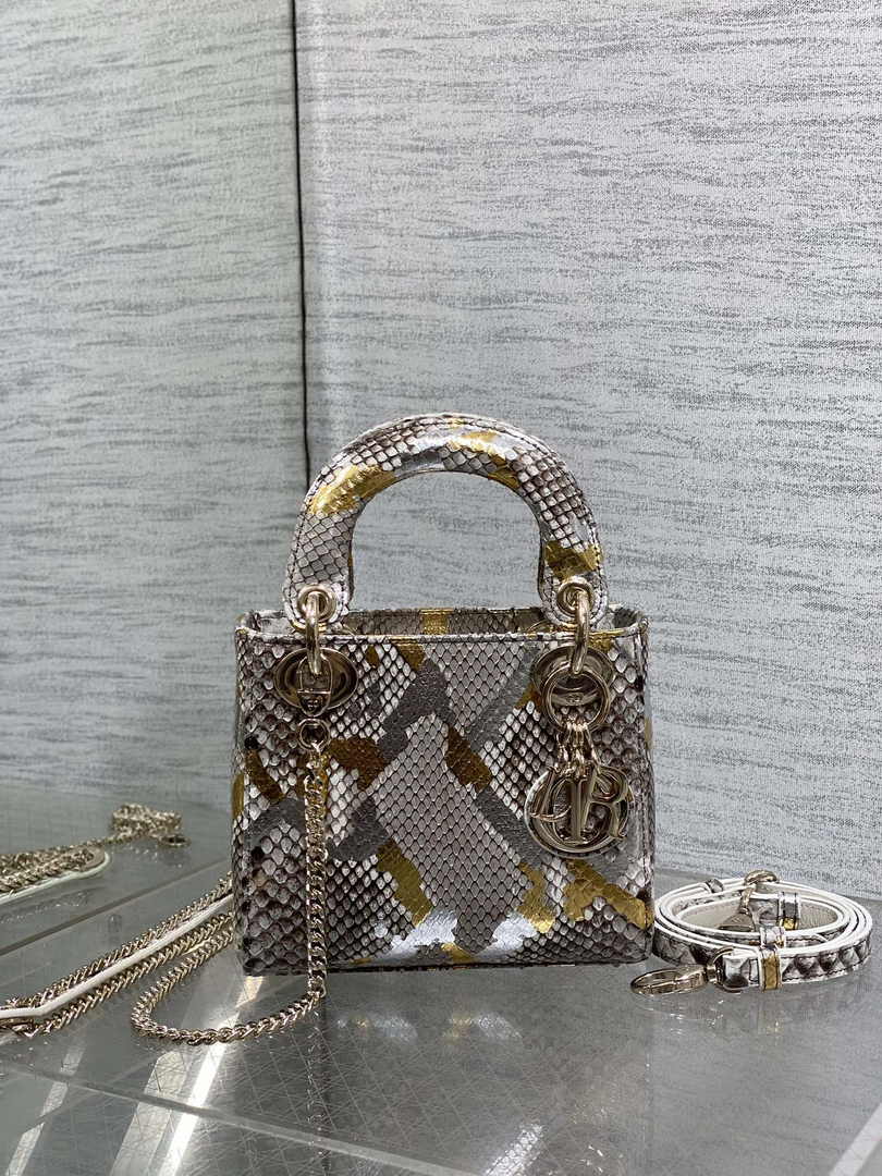 Mini Lady Dior Bag M0505 Gold Silver Snake Leather - Default Title - View 2