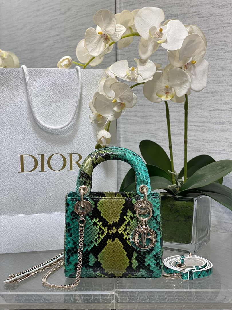 Mini Lady Dior Bag Green Yellow Snake Leather M0505 - Default Title - View 1