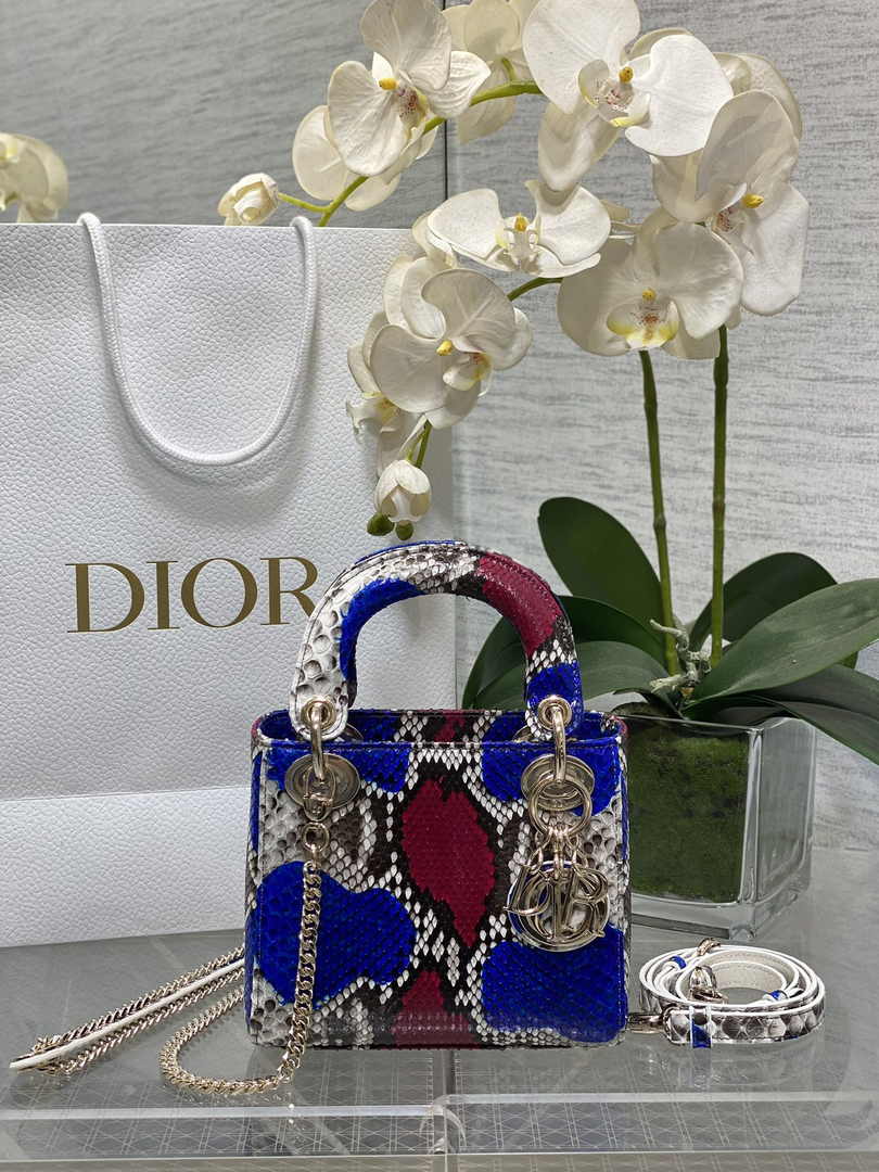 Mini Lady Dior Bag M0505 Red Blue Snake Leather - Default Title - View 1